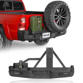 Hooke Road 782950222649 Textured Steel Rear Bumper With Tire Carrier And Jerry Can Holder For Tacoma 05-15