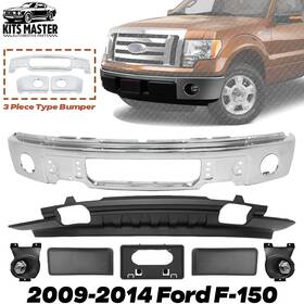 Kits Masters 646621763957 Front Bumper Chrome Steel And Fog Lights Assembly Kit For 2009-2014 Ford F-150