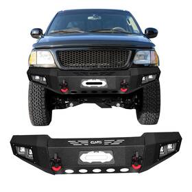 Vijay 763492266568 Steel Black Front Bumper For 1997-2004 Ford F-150 With Winch Plate And Led Lights