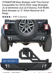 Steel Rear Bumper For 2018 2019 2020-2025 Jeep Wrangler Jl Unlimited W/ D-rings. Fixed Price $300.00.